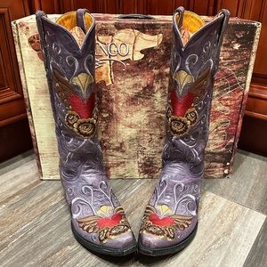 Old Gringo Grace Cowboy Boots Purple Heart Rose Wing Embroidery Wedding Rare 7.5